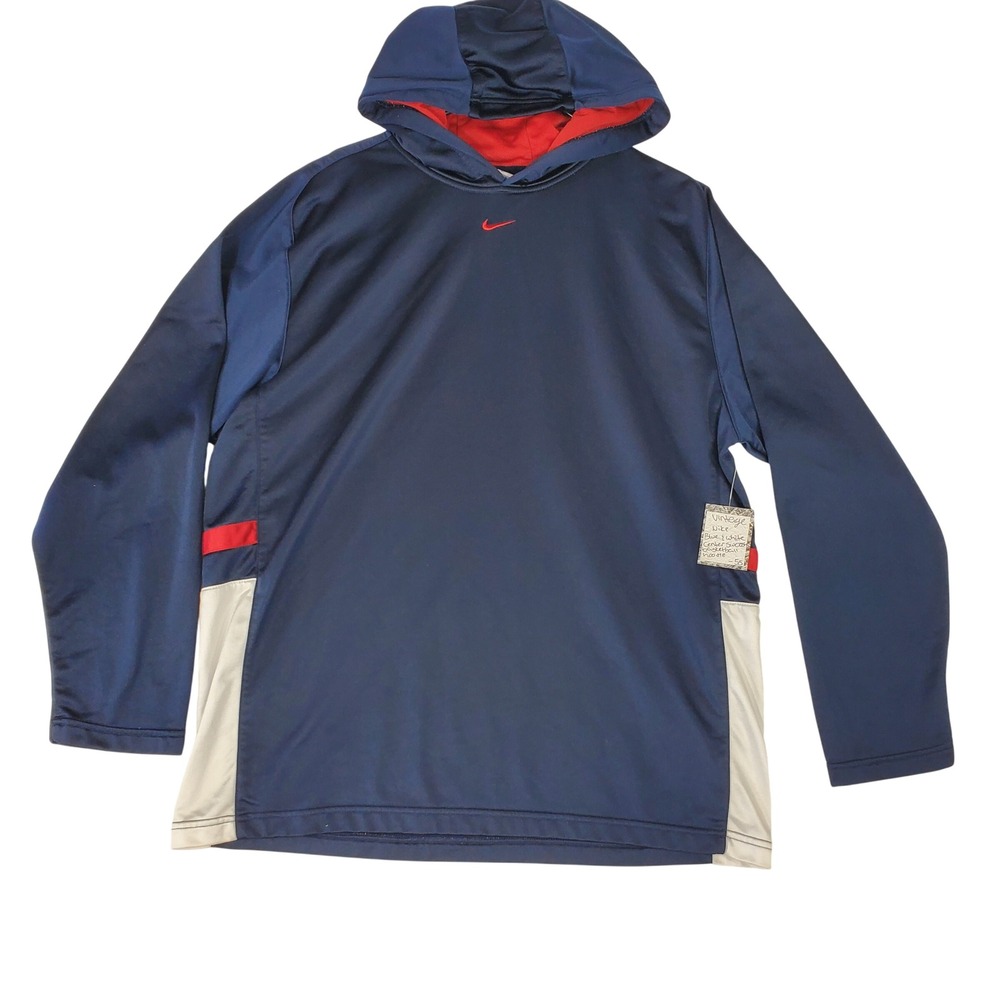 Vintage Nike Center Swoosh Basketball Hoodie Navy Blue Red Mens XL y2k